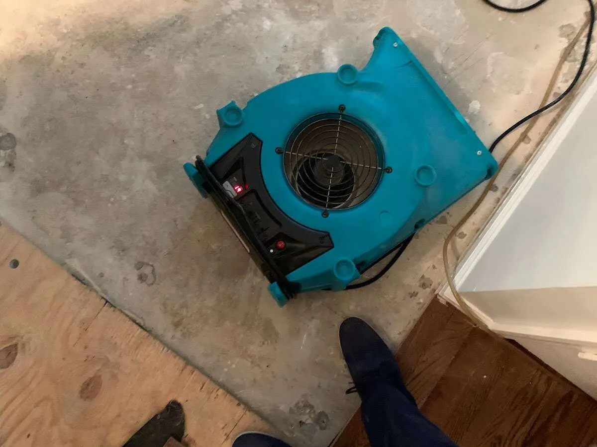 Air mover drying subfloor during Leak Detection & Repair in Hanover Park